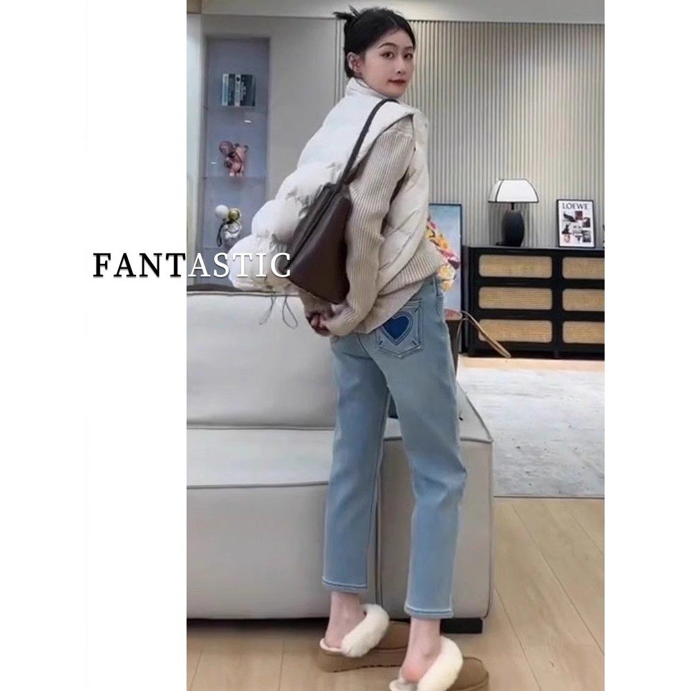 蓝色高腰直筒加绒牛仔裤女2025新款秋冬大码胖mm显瘦弹力烟管裤子,淘宝优惠券,粉丝福利购,淘宝优惠卷