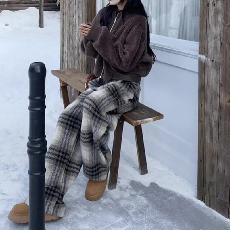 美式覆古高街加绒毛呢格子裤子女2024新款冬季直筒休闲 阔腿拖地,淘宝优惠券,粉丝福利购,淘宝优惠卷