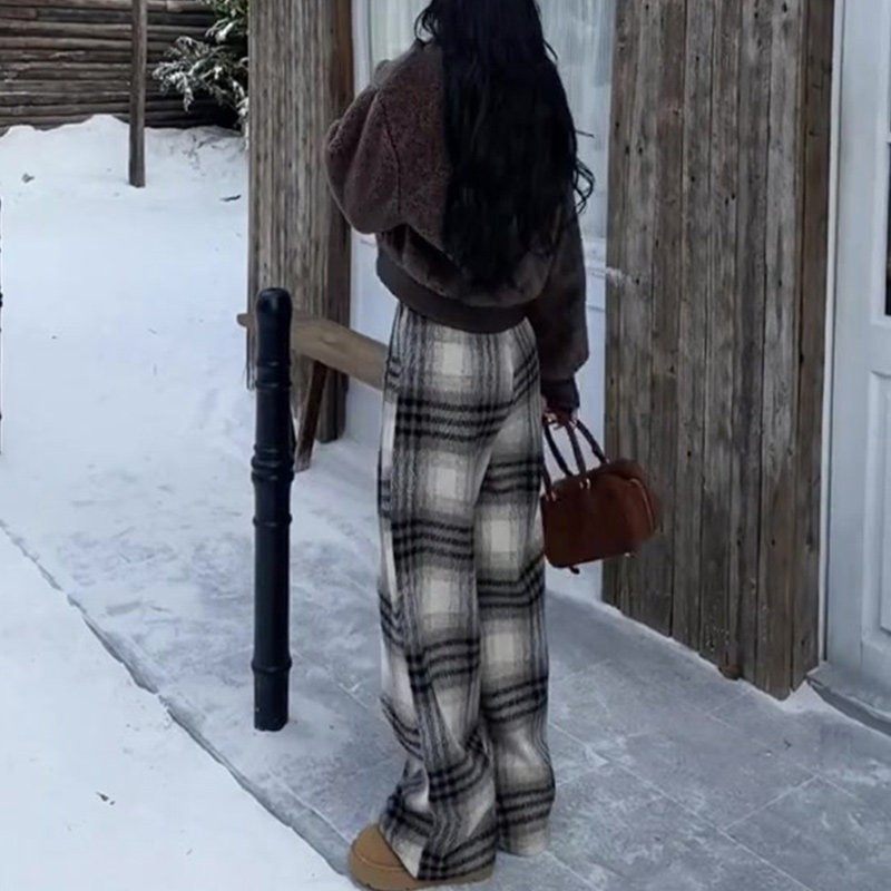 美式覆古高街加绒毛呢格子裤子女2024新款冬季直筒休闲 阔腿拖地,淘宝优惠券,粉丝福利购,淘宝优惠卷
