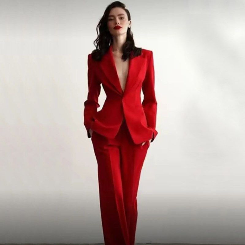 西装套装职业简约红色收腰气质女神范御姐高级感复古阔腿裤两件套,淘宝优惠券,粉丝福利购,淘宝优惠卷