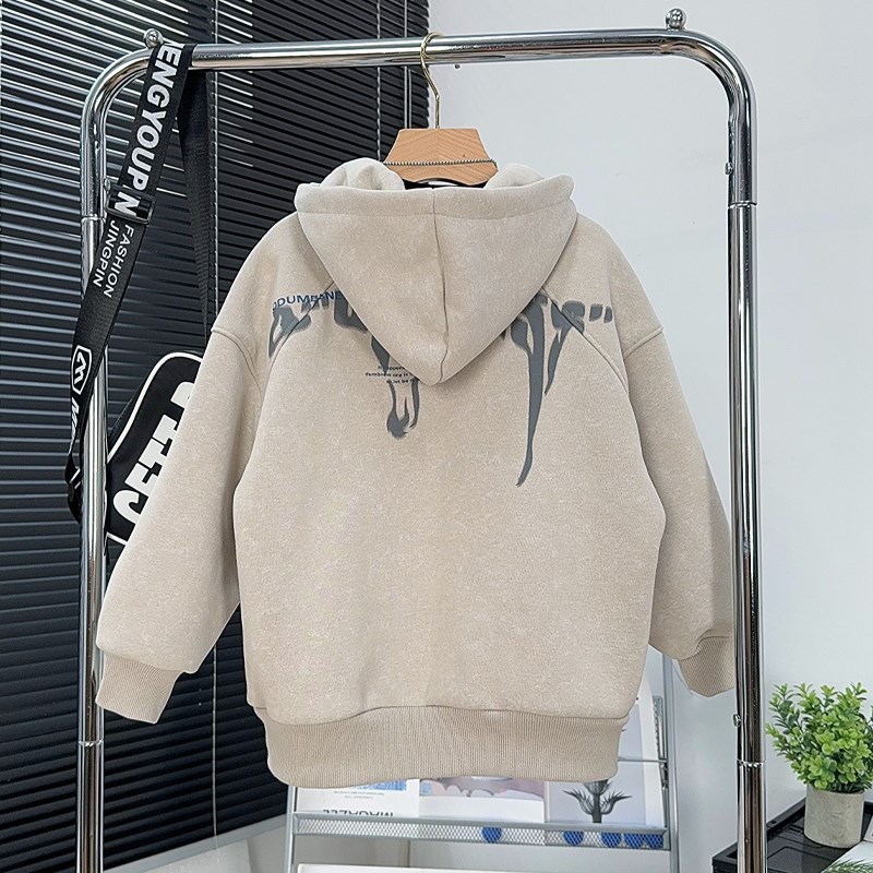 舟由童装男童加绒针织外套冬款中大童连帽休闲上衣儿童保暖拉链衫 - 图0