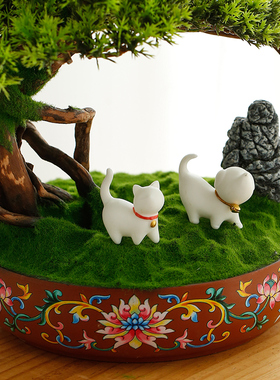 创意陶瓷迷你可爱招财小萌猫摆件禅意家居中式鱼缸流水盆景装饰品