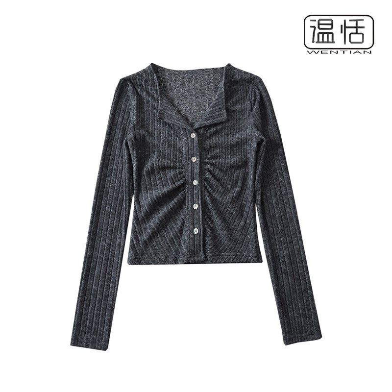 【包邮】2024秋季单排扣收腰褶皱坑条针织开衫女小翻领长袖上衣女,淘宝优惠券,粉丝福利购,淘宝优惠卷