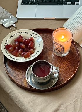 ins风复古蛋糕托盘木质家用点心茶盘餐盘咖啡厅圆形点心盘茶水盘