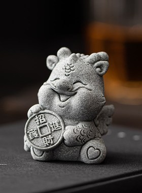 速发国潮风青砂石生肖兽瑞龙萌摆龙件茶宠鱼缸造景盆栽装饰品