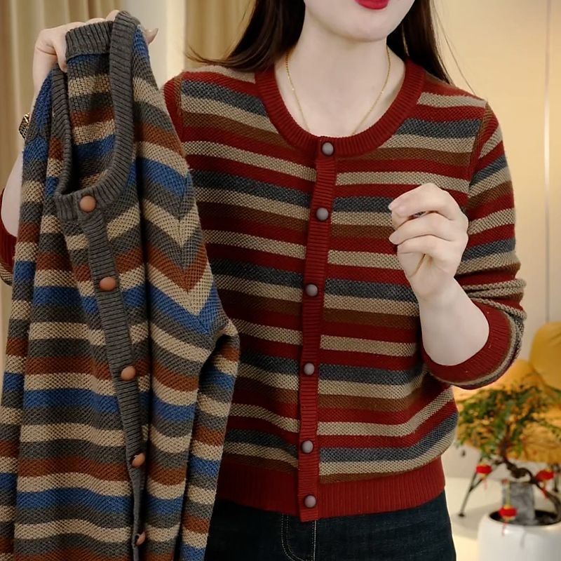 专柜正品减龄休闲圆领条纹针织衫2025洋气宽松年轻妈妈毛衣上衣女 - 图1