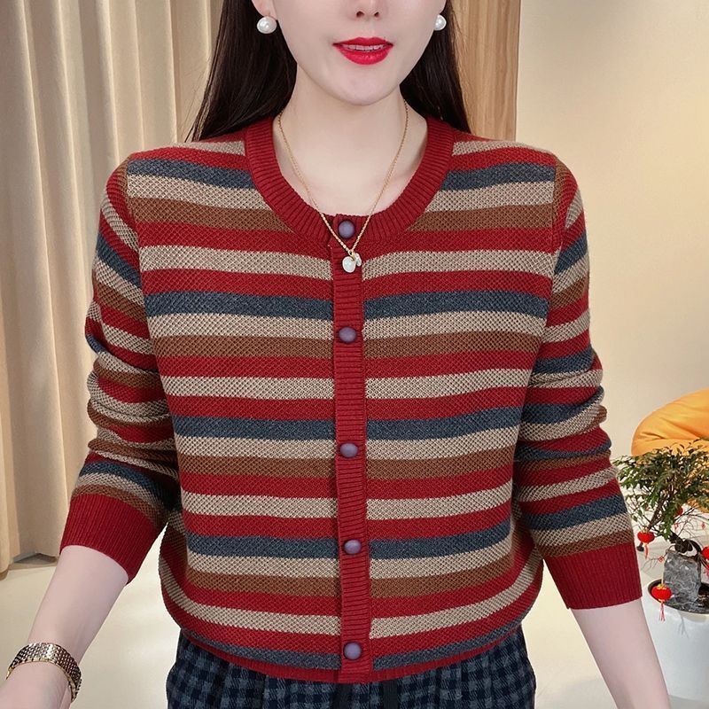 专柜正品减龄休闲圆领条纹针织衫2025洋气宽松年轻妈妈毛衣上衣女 - 图3