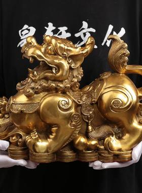 纯黄铜貔貅摆件公母一对办公室摆设皮丘店铺聚宝盆客厅家居装饰品