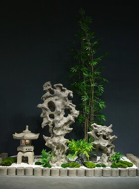 中式庭院玄关装饰大型绿植摆件室内微景观仿真太湖石X假山造景组