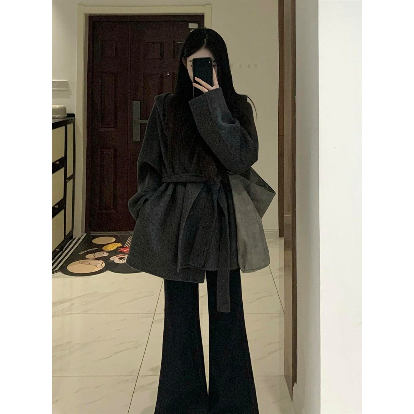 灰色韩系连帽呢子大衣女2025新款毛呢外套小个子赫本风高级感气质,淘宝优惠券,粉丝福利购,淘宝优惠卷