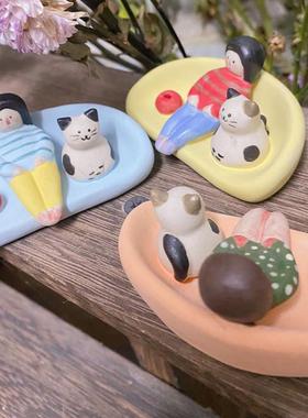 手工沙发小人香插小摆件手捏猫咪花插手绘高温陶瓷花插摆设品送礼