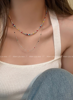 彩色串珠碎银子项链女款夏天多巴胺叠戴锁骨链轻奢小众高级感配饰
