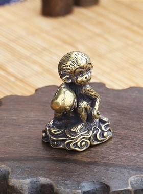 速发仿寿纯铜生肖猴子献古桃摆件家居饰品创意老人贺寿黄品礼铜工