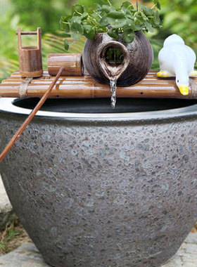 庭院陶罐流水器陶瓷鱼缸循环过滤增氧竹子搭配水池石槽造景摆件配