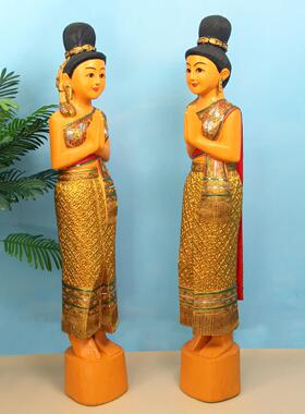 泰国迎宾侍女摆件东南亚风格装饰品泰式木雕人偶饭厅门口落地摆件