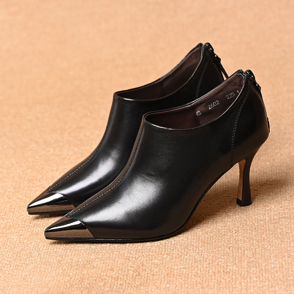 金属尖头后拉链高跟深口单鞋女春秋新款软皮百搭气质细跟小皮鞋,淘宝优惠券,粉丝福利购,淘宝优惠卷