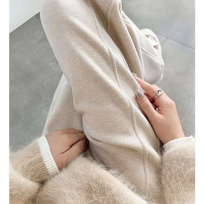 人字纹加绒阔腿裤女秋冬2024新款毛呢开叉裤子直筒羊毛窄版香蕉裤,淘宝优惠券,粉丝福利购,淘宝优惠卷