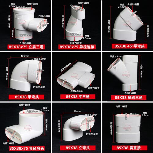 PVC排水扁管75直接50弯头异径110三通椭圆下水管移位扁口配件大全 - 图1