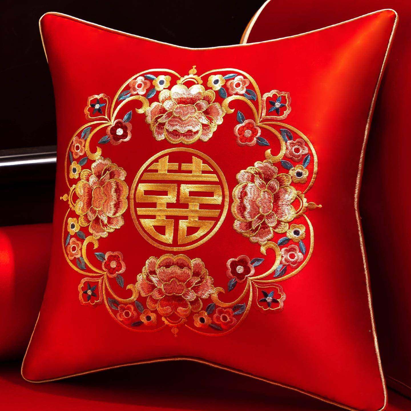 中式红结喜字床上抱枕婚一庆对客厅沙发靠枕婚庆婚房F99HT996色布,淘宝优惠券,粉丝福利购,淘宝优惠卷