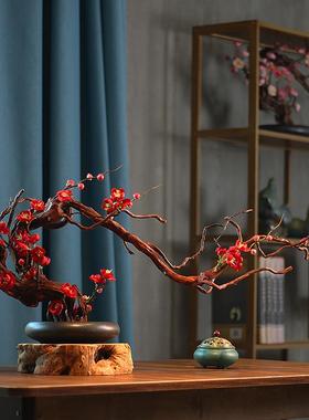 彷真禅意腊梅花盆景中式客厅家居饰品酒店茶桌博古架喜上眉梢摆件