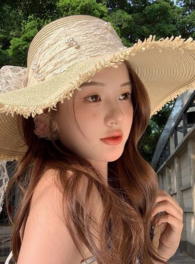 蕾丝蝴蝶结大帽檐遮阳草帽女夏季