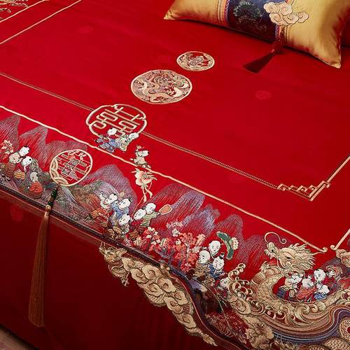 中式婚庆100支全棉四件套百子喜字刺绣大红被套床单结婚床上用品 - 图1