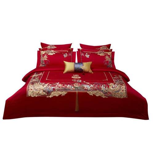 中式婚庆100支全棉四件套百子喜字刺绣大红被套床单结婚床上用品 - 图3