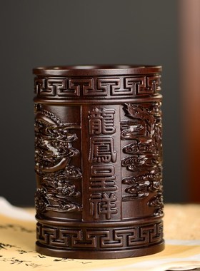 黑檀木雕龙凤呈祥笔筒工艺品办公室书桌家居客厅木质笔筒摆件送礼