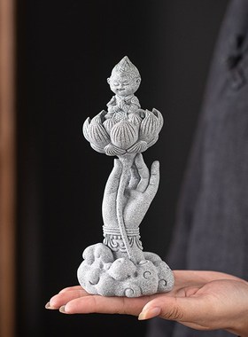中式悟空坐莲茶宠摆件创意齐天大圣佛手莲花鱼缸盆栽造景桌面装饰