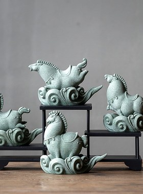 碌心  青砂石装饰摆件中式国潮茶宠逗兽记神马浮云可拆分杯垫茶搁