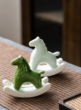 摇摇马陶瓷动物茶宠摆件开片冰裂精品可养创意茶室茶玩茶几装饰品