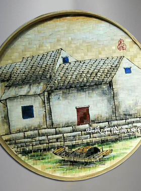 手绘竹编簸箕画农家乐装饰竹编制品墙H上墙壁挂饰墙面圆形挂件田