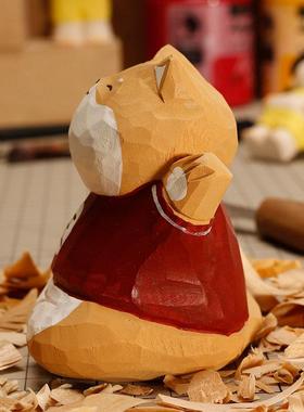 手工旺柴柴犬小狗狗小木雕摆件装饰情绪治愈电脑桌摆件三八节礼物