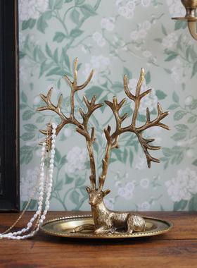 印度进口纯铜装饰麋鹿托盘桌面整理收纳首饰盒金色复古手工礼品