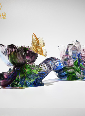 琉璃如意蝴蝶水h晶莲花摆件暖房礼物乔迁新居实用高档酒柜工艺术