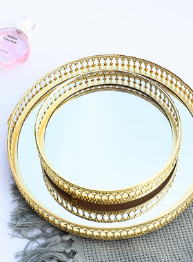 轻奢北欧风格玻璃镜子收纳托盘卧室梳妆台装饰品铁艺合金花边装饰