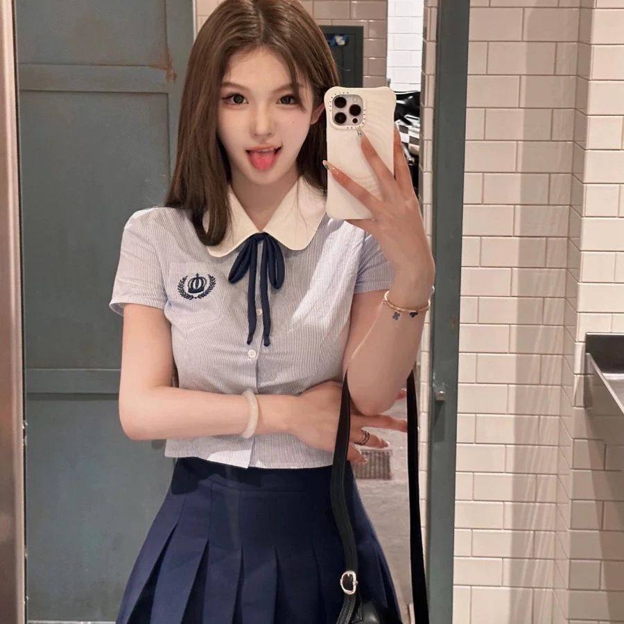 蓝色学院风衬衫百褶裙套装女高级感jk上衣短裙两件套夏季2024新款,淘宝优惠券,粉丝福利购,淘宝优惠卷