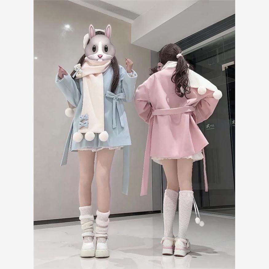 新款秋冬氛围感软妹可爱蝴蝶结围巾中长款女毛呢外套甜美少女套装,淘宝优惠券,粉丝福利购,淘宝优惠卷