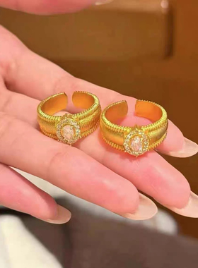 轻奢中古vintage闪钻宽版拉丝排珠戒指复古百搭开口可调节指环