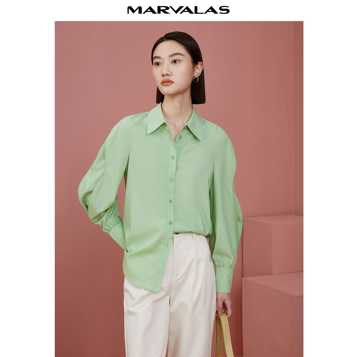 曼德诗设计感果绿衬衫2025春装新款时髦长袖纯色翻领气质个性衬衣