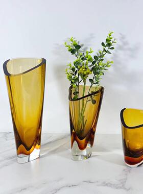 创意琉璃茶色三角切口玻璃储水花瓶摆件插花玄关桌面家居装饰花器