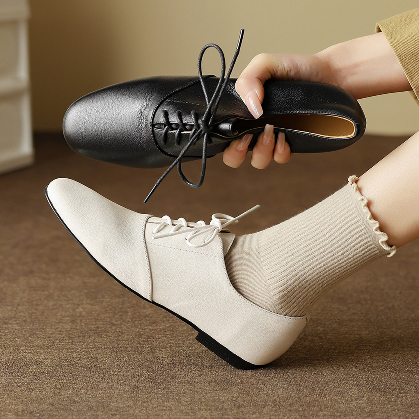 简约风系带深口单鞋女真皮小白鞋平底百搭通勤鞋,淘宝优惠券,粉丝福利购,淘宝优惠卷