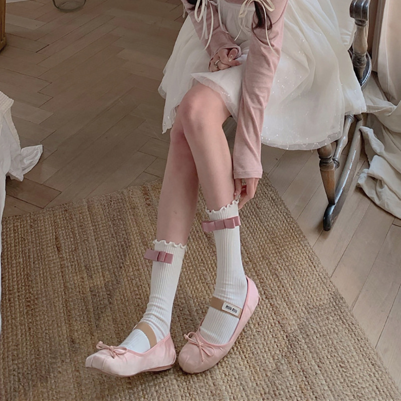 日系白色jk玛丽珍结小腿袜子女芭蕾风薄款木耳边中筒堆堆袜女 - 图1