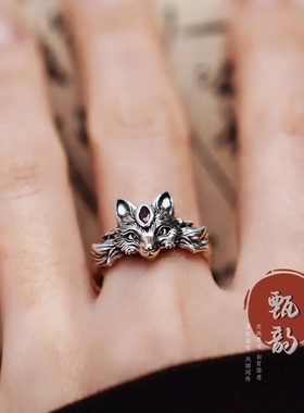 九尾狐925银开口戒指国风复古