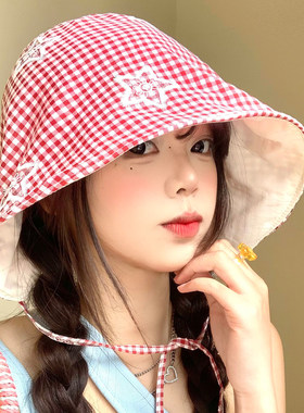 红星格纹大檐防晒渔夫帽女款