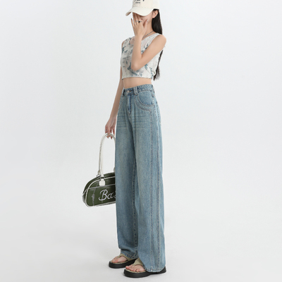 牛仔裤女2025夏季新款韩版时尚垂感小个子窄版高腰直筒阔腿长裤子