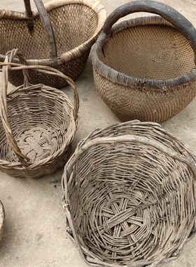 民俗怀旧农村旧农具竹编柳编提篮竹筐子复古装饰摆件道具老物件