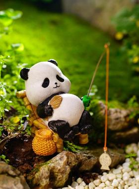 创意熊猫钓鱼摆件古法养鱼缸水族箱装饰品造景假山流水器鱼池摆设