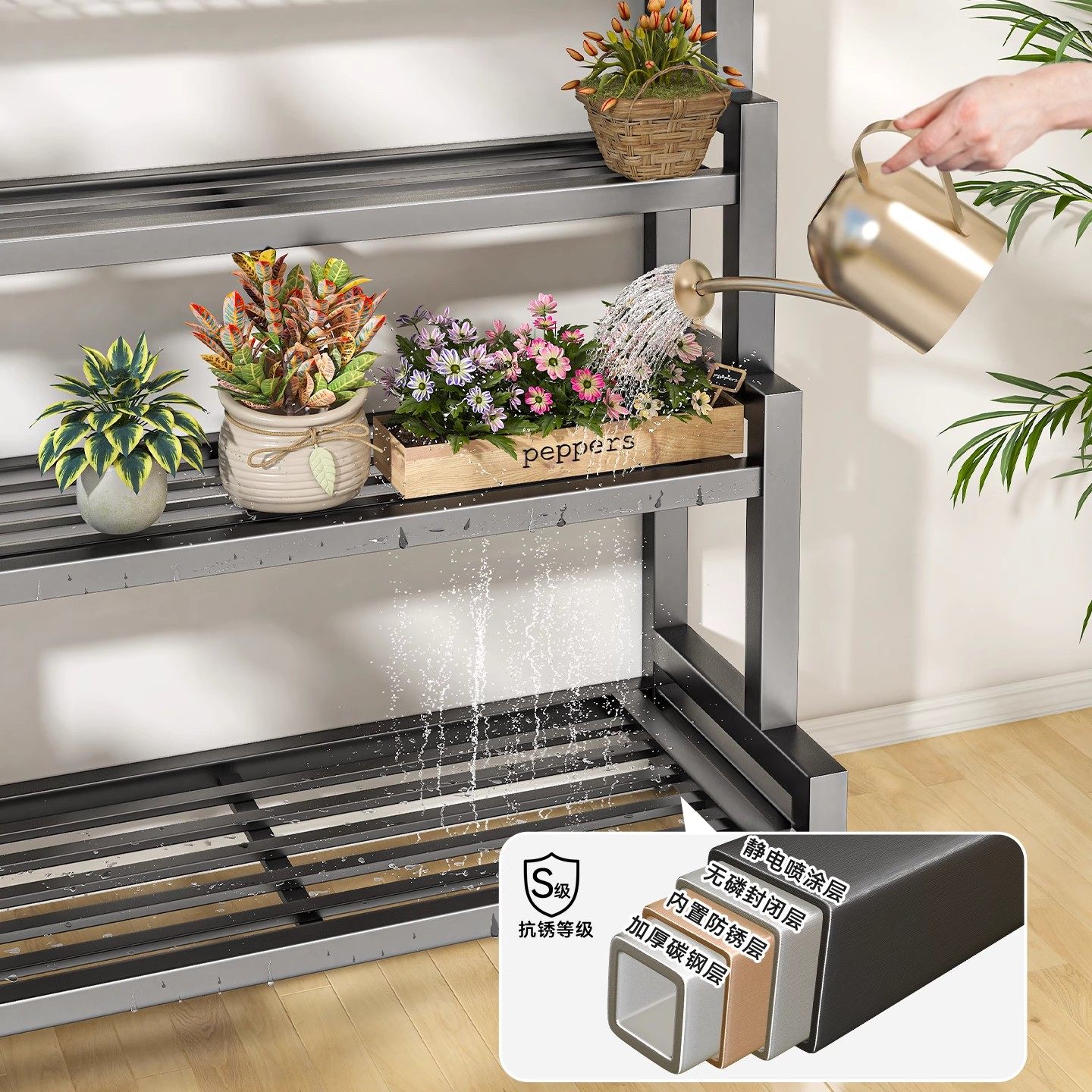 阳台花架子客厅落地式家用铁艺置物架实木多肉花盆架多层植物摆放,淘宝优惠券,粉丝福利购,淘宝优惠卷