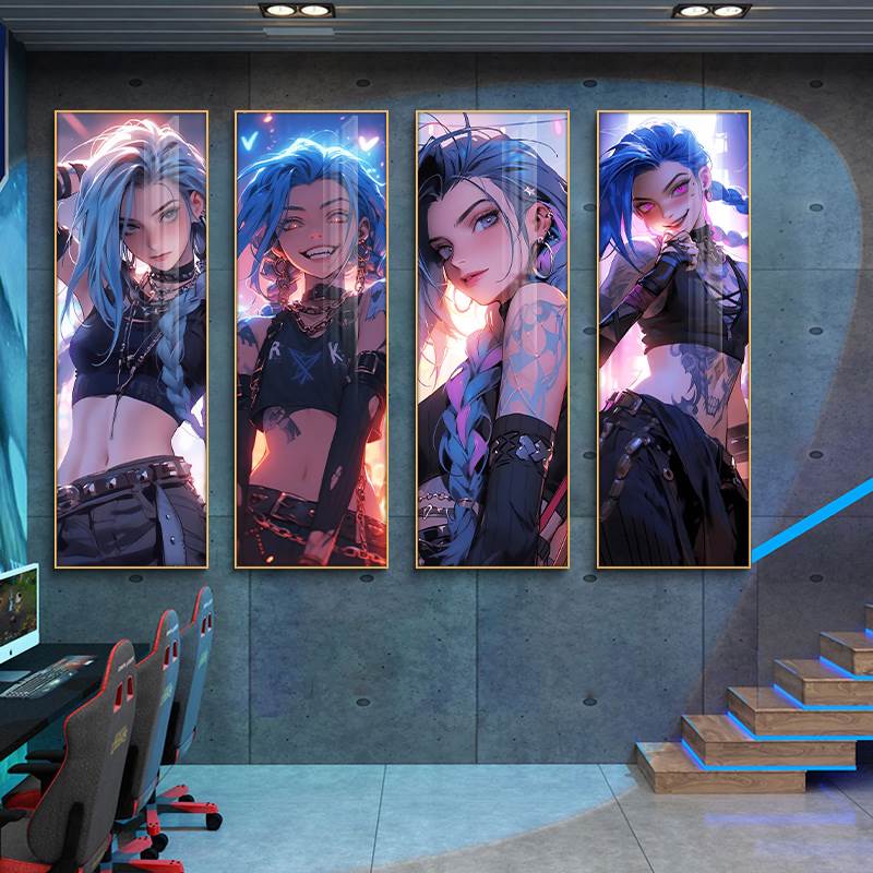 英雄联盟挂画金克丝装饰画萝莉LOL游戏网咖壁画电竞长条墙面装饰 - 图0